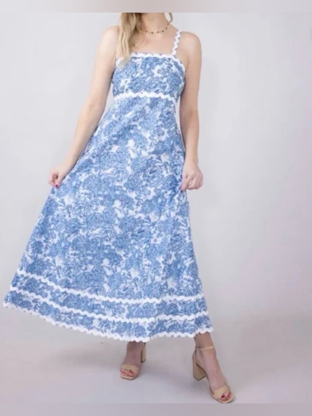 Simply Southern Scalloped Blue & White Maxi - XL - scalloped detailing